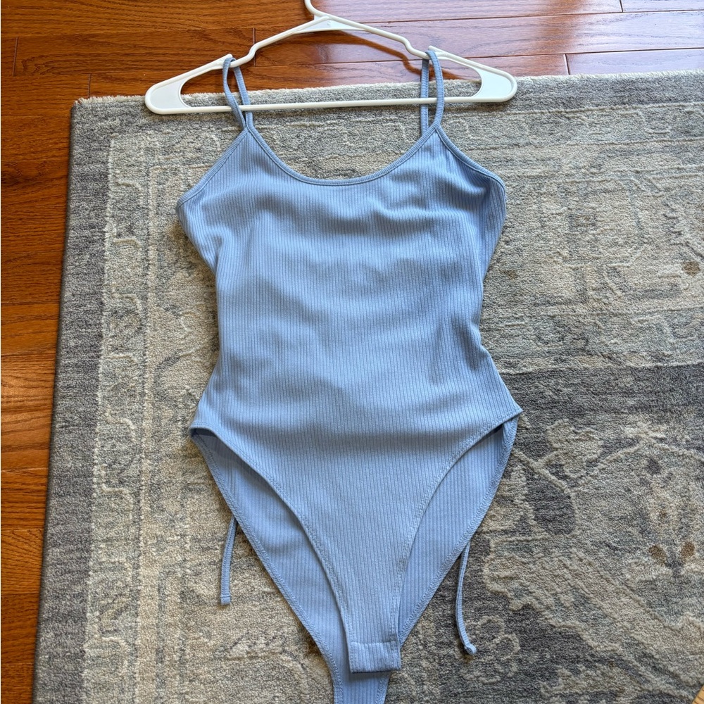F21 Ribbed Scoop Neck Bodysuit Tank Top in Light Blue